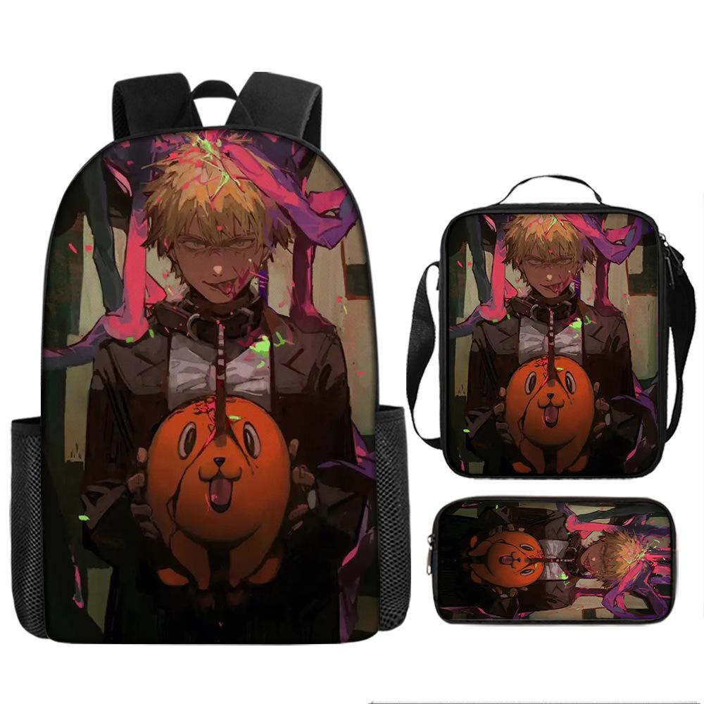 Chainsaw Man Anime Peripheral Backpack Set, Lightweight Large‑Capacity School Bag With Pencil Pouch, Casual Anime Daypack For Middle School Boys Girls