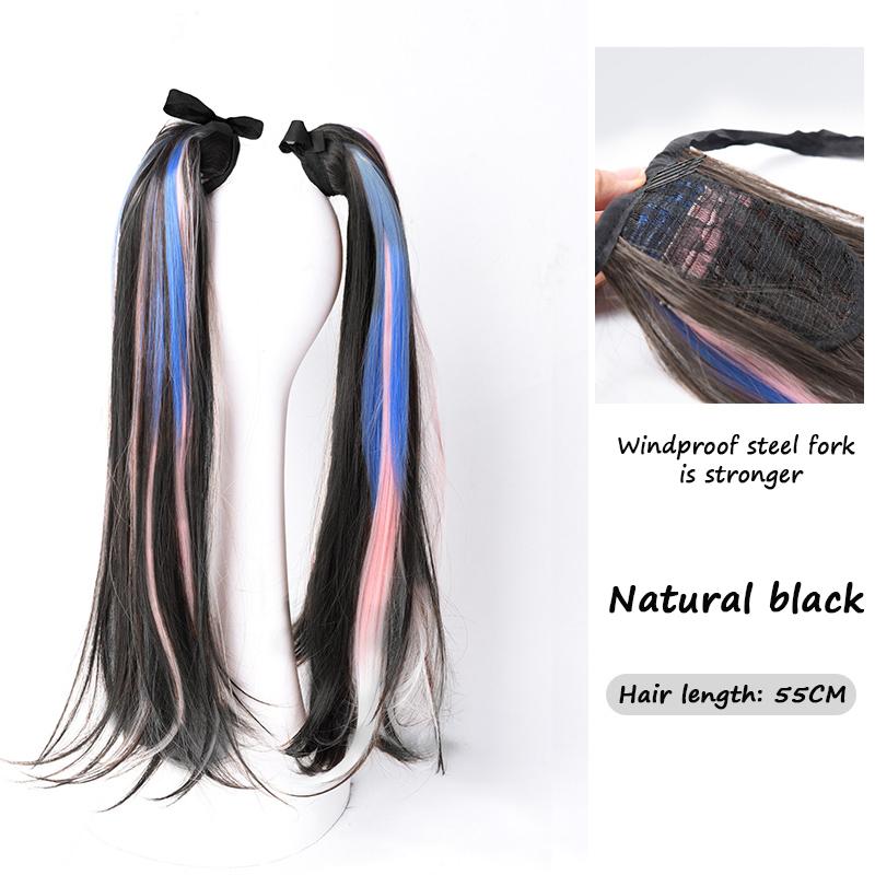 Длинные прямые волосы, завернутые в хвостик, термостойкий синтетический двойной хвостик, глянцевый парик