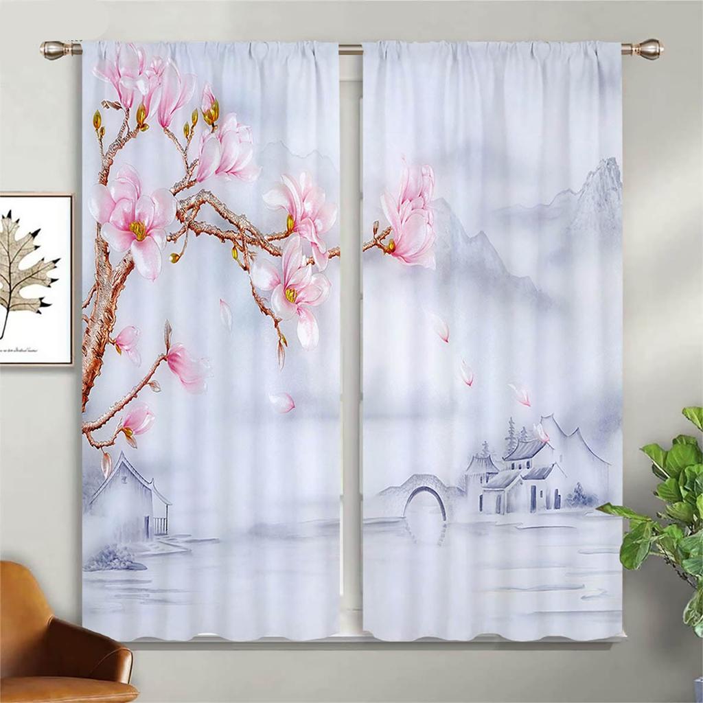2 шт. штор в китайском стиле с принтом цветущей вишни, солнца, реки, пейзажа, шторы для гостиной, кухни, спальни, декор окна