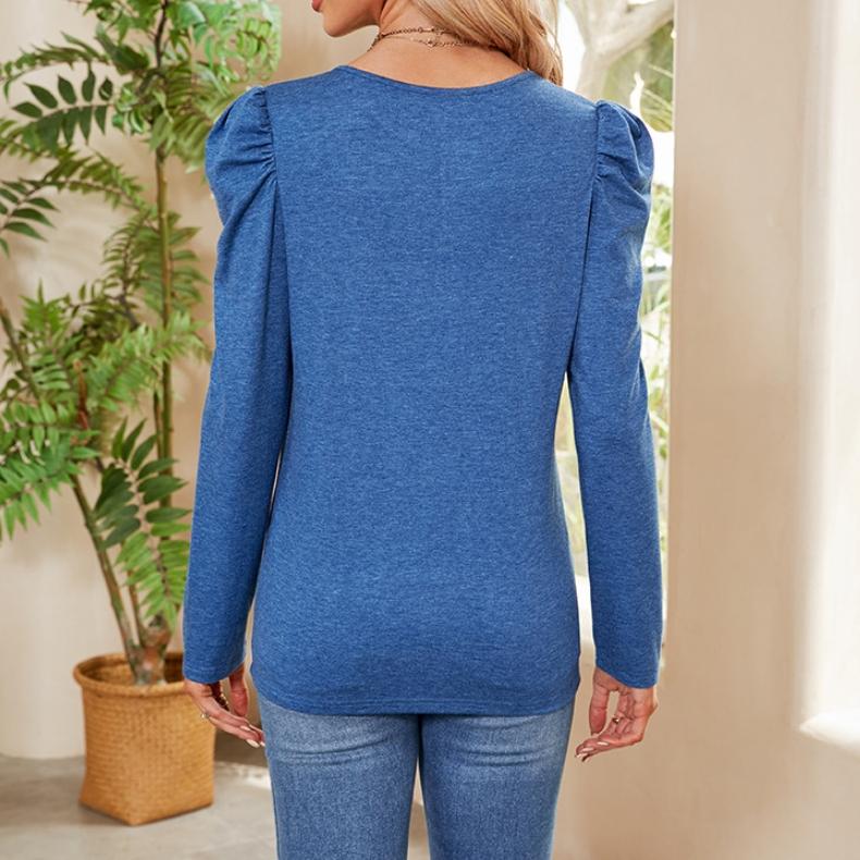 GMXIA Женские модные повседневные осенне-зимние однотонные свободные блузки и рубашки с длинным рукавом и круглым вырезом на пуговицах