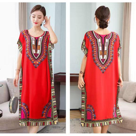 Летнее платье из хлопка и шелка. Прохладное и удобное платье средней длины с принтом. Свободное повседневное женское платье в этническом стиле с короткими рукавами.