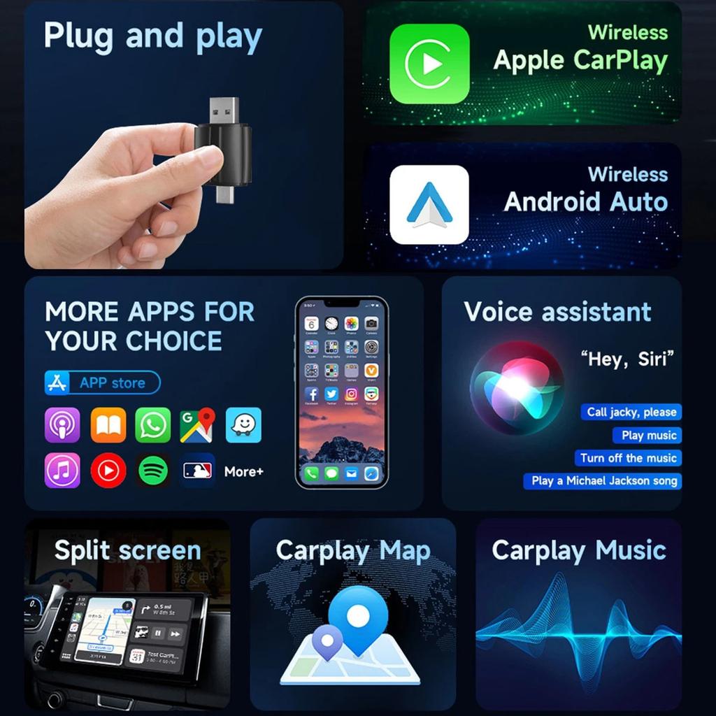 Беспроводной адаптер 2-в-1 для беспроводного CarPlay для автомобиля, подходит для iOS и Android