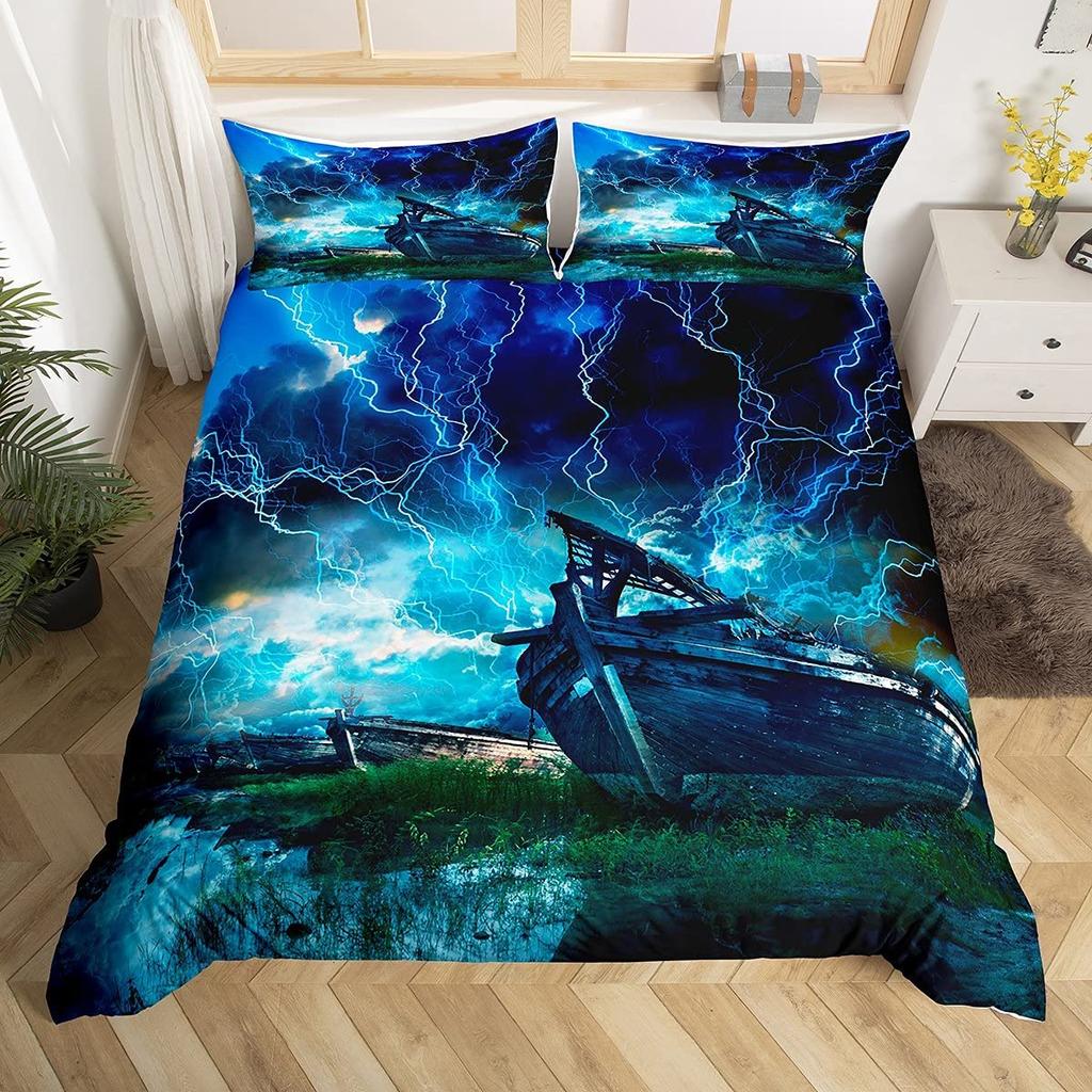 Комплект пододеяльника для парусника Размер Твин Кинг Квин Морская тема Чайка Постельный комплект Микрофибра Рустикальная деревянная доска Пододеяльник