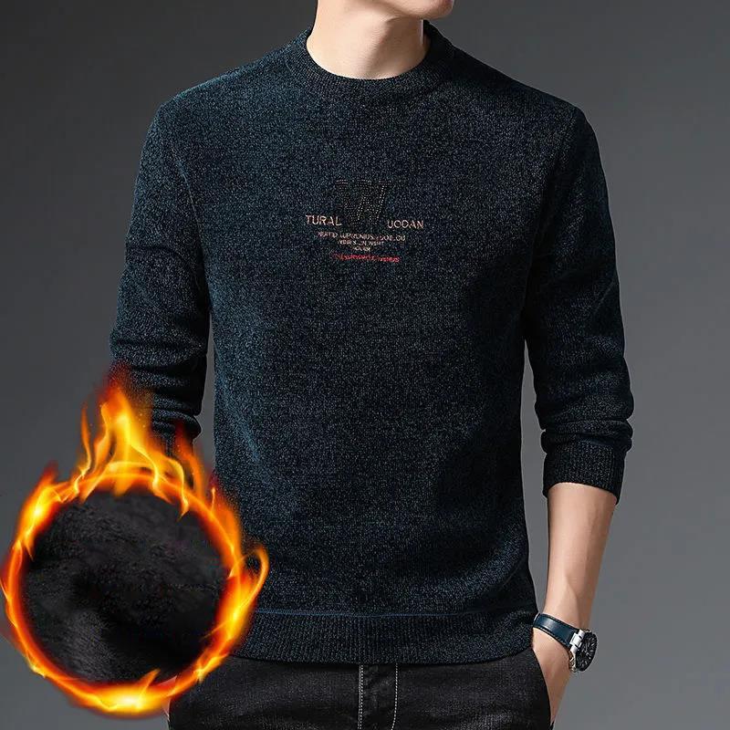 Осенне-зимние мужские свитера плюс бархатные утепленные свободные пуловеры-свитера, подходящие для мужчин молодого и среднего возраста