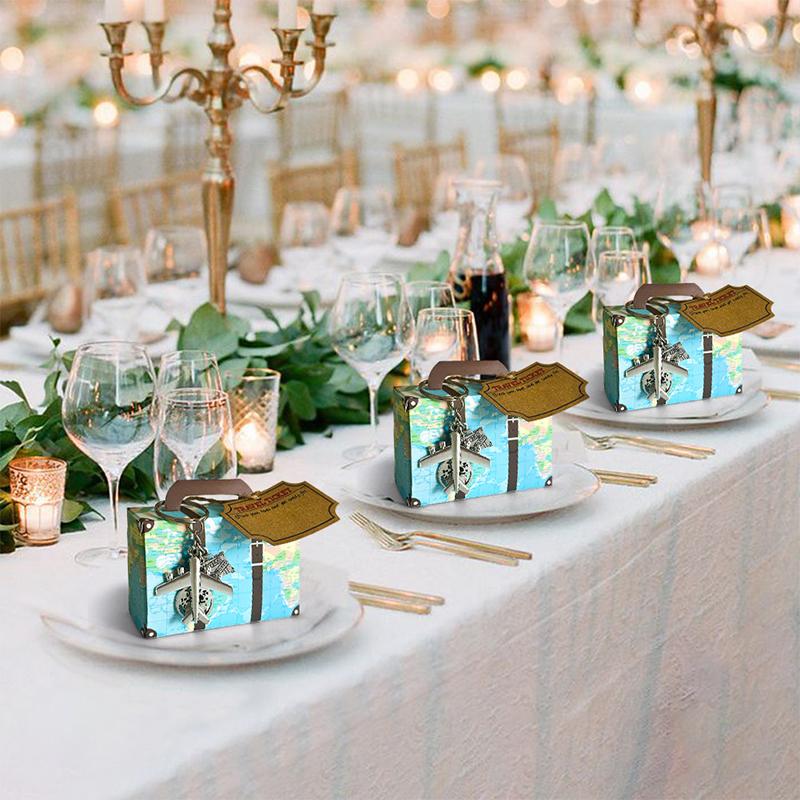 10 наборов мини-чемоданов, подарочных коробок, конфет, подарочных коробок для вечеринки с брелками в виде самолета и дорожных билетов для свадебной вечеринки