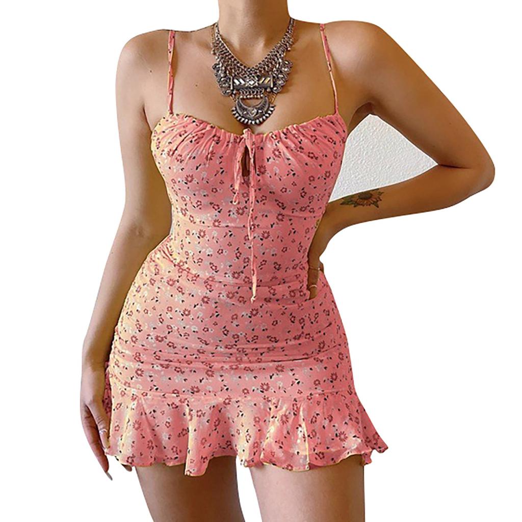 Женское весенне-летнее сексуальное платье без рукавов с вырезом на груди и цветочным принтом