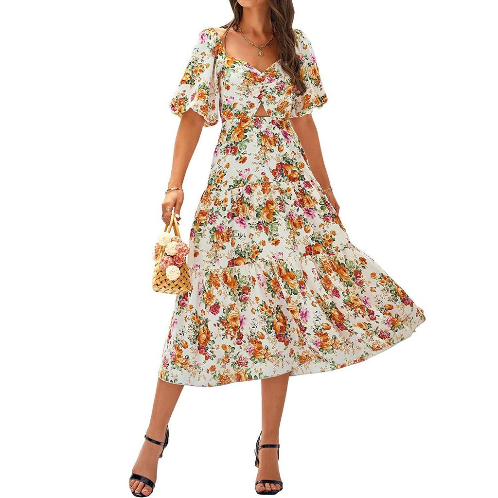 Женское модное платье с квадратным воротником и цветочным принтом, высокой талией, полым пузырем и короткими рукавами, плиссированное платье с принтом сзади