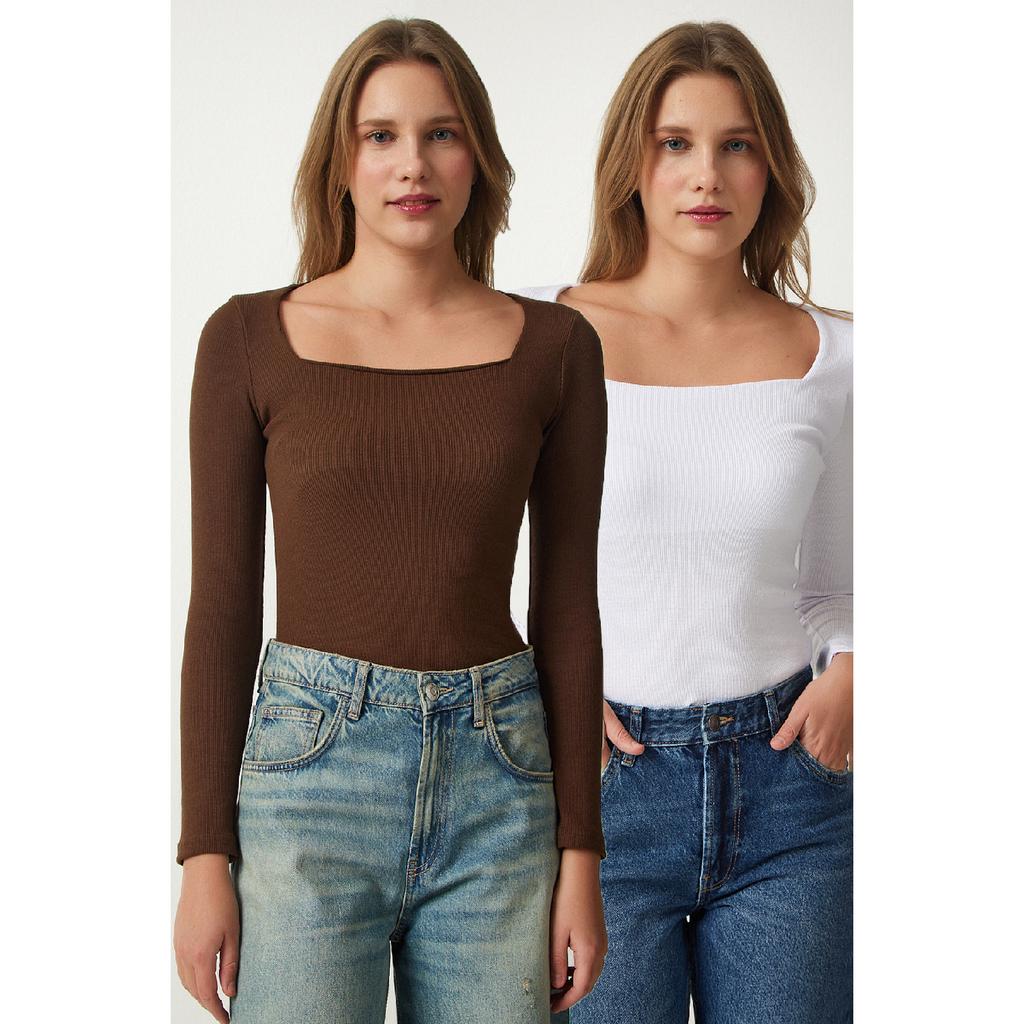 Women's Black And White Square Collar 2-pack Knitted Blouse Gt00056