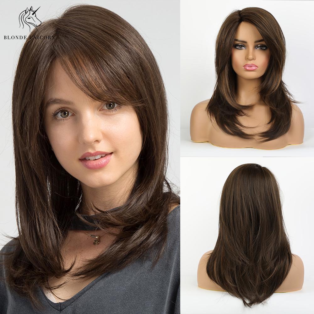 BLONDE UNICORN 20-дюймовые средние темно-коричневые прямые синтетические парики с челкой для белых и черных женщин, косплей, ежедневный парик из натуральных волос