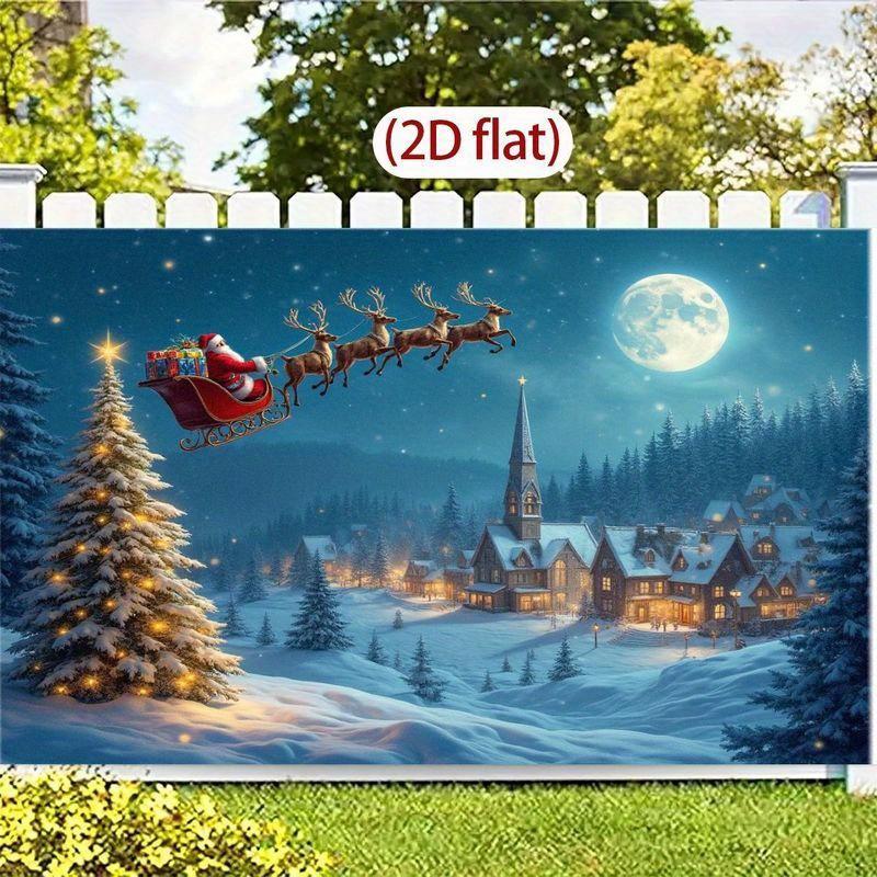 1pc Festival Santa Claus Sled Canvas Mural - Winter Miracle Scene with Snow Village and Full Moon  Christmas Home Decoration
