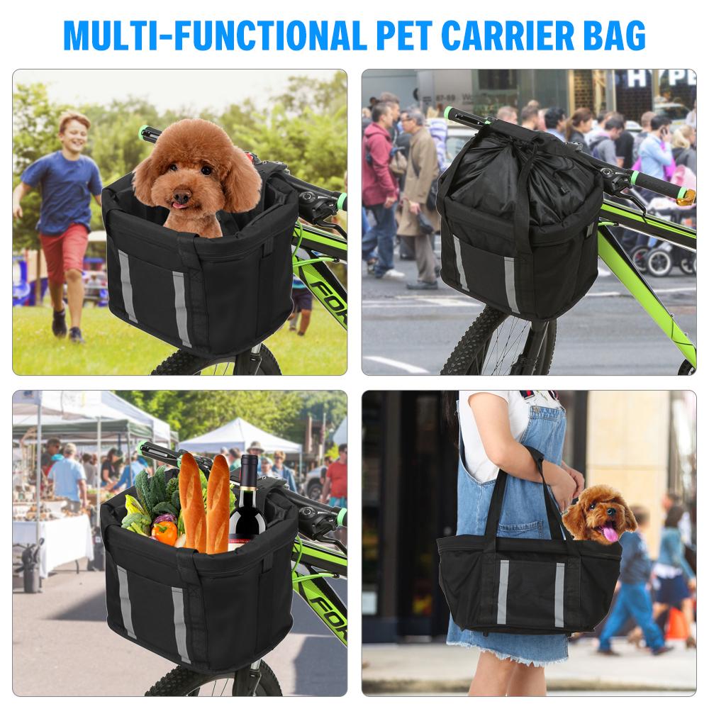 Складная корзина для велосипеда со светоотражающими полосками. Передняя корзина со съемным рулем. Переноска для кошек и собак.