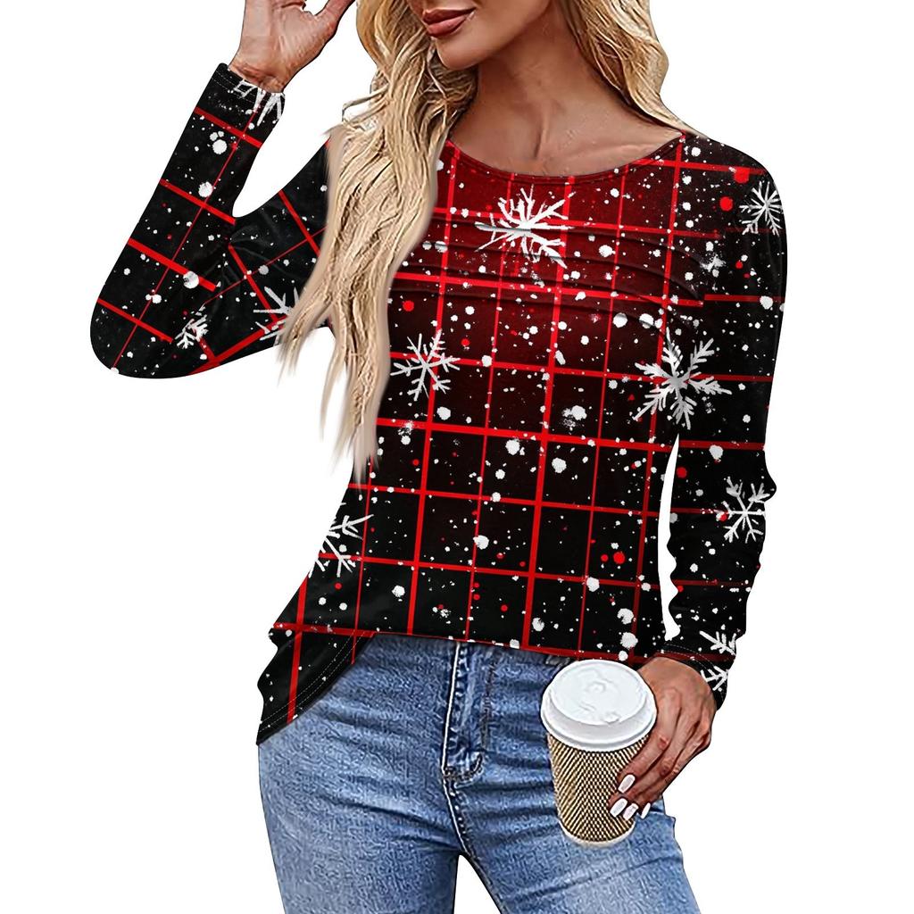 Ladies' Casual Fashion Printed Round Neck Long Pleated T-shirt Top Christmas
