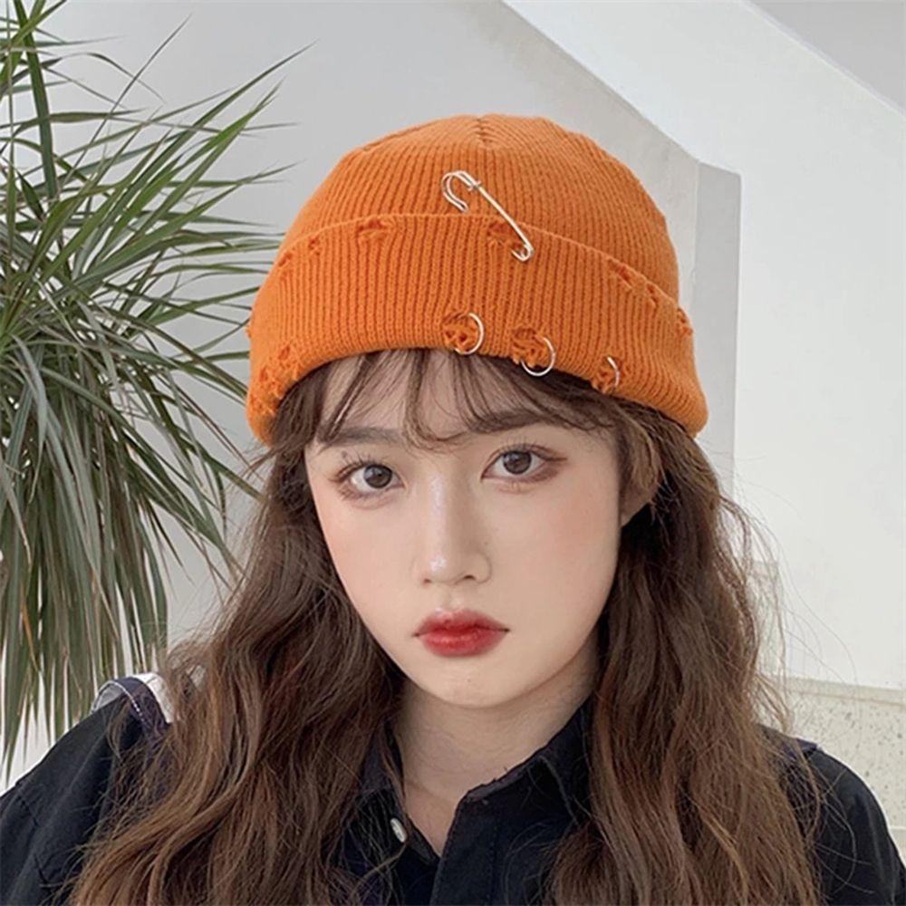 Casual Distressed Hole Female O-Ring Winter With Pins Knitted Hat Beanie Hat Warm Cap Solid Color
