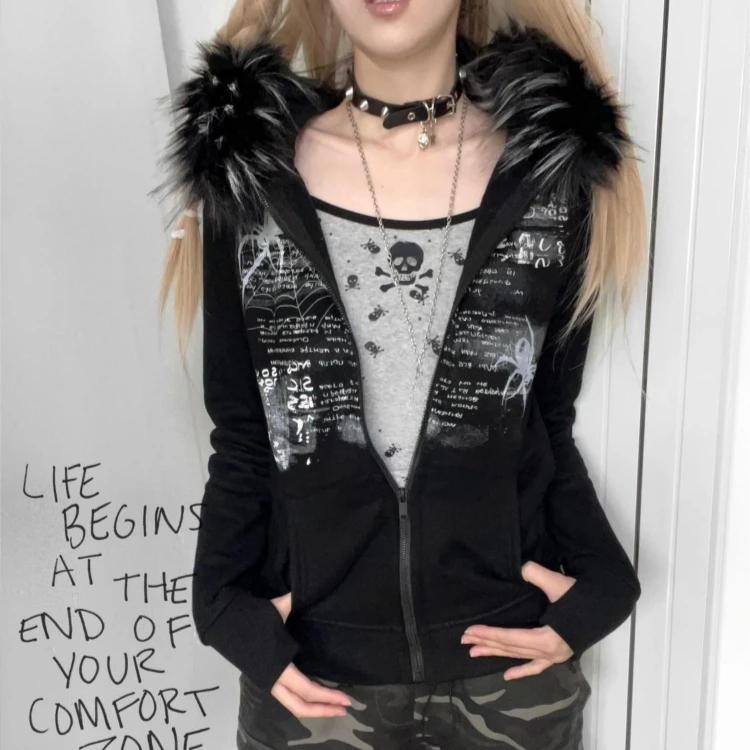 Худи в стиле гранж пэчворк из меха Y2k Женская уличная одежда Винтажная толстовка с капюшоном с готическим принтом Харадзюку Эстетичная приталенная куртка