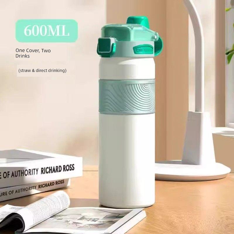Large-Capacity Thermos Cup with Double Drinking Mouth and Straw, 316 Stainless Steel, Outdoor Portable Cup for Boys and Girls Going to School