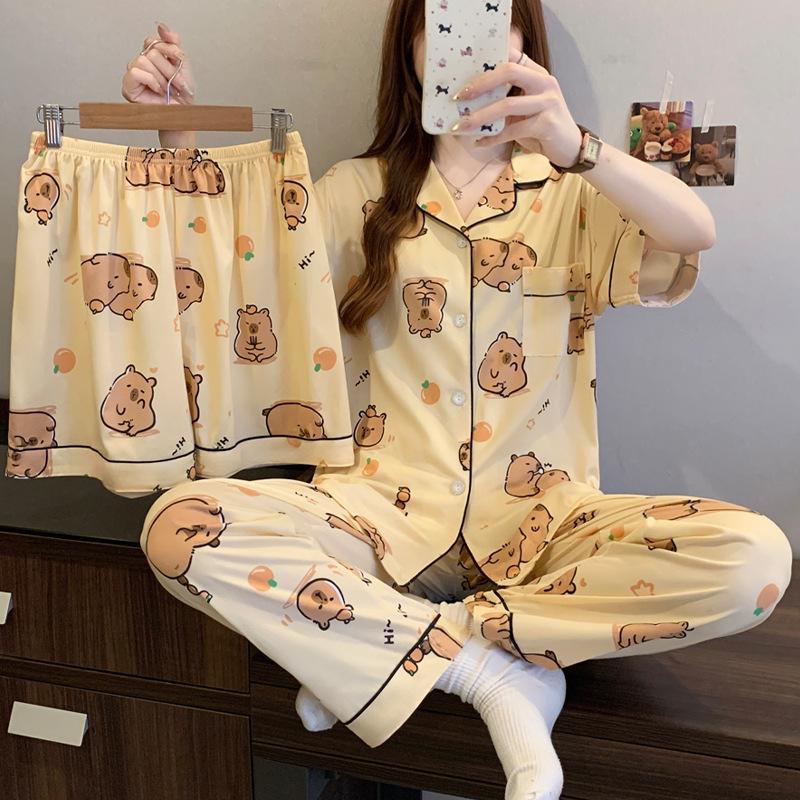 Three-piece pajamas women's summer new retro plaid short-sleeved imitation cotton loungewear niche casual can be worn outside