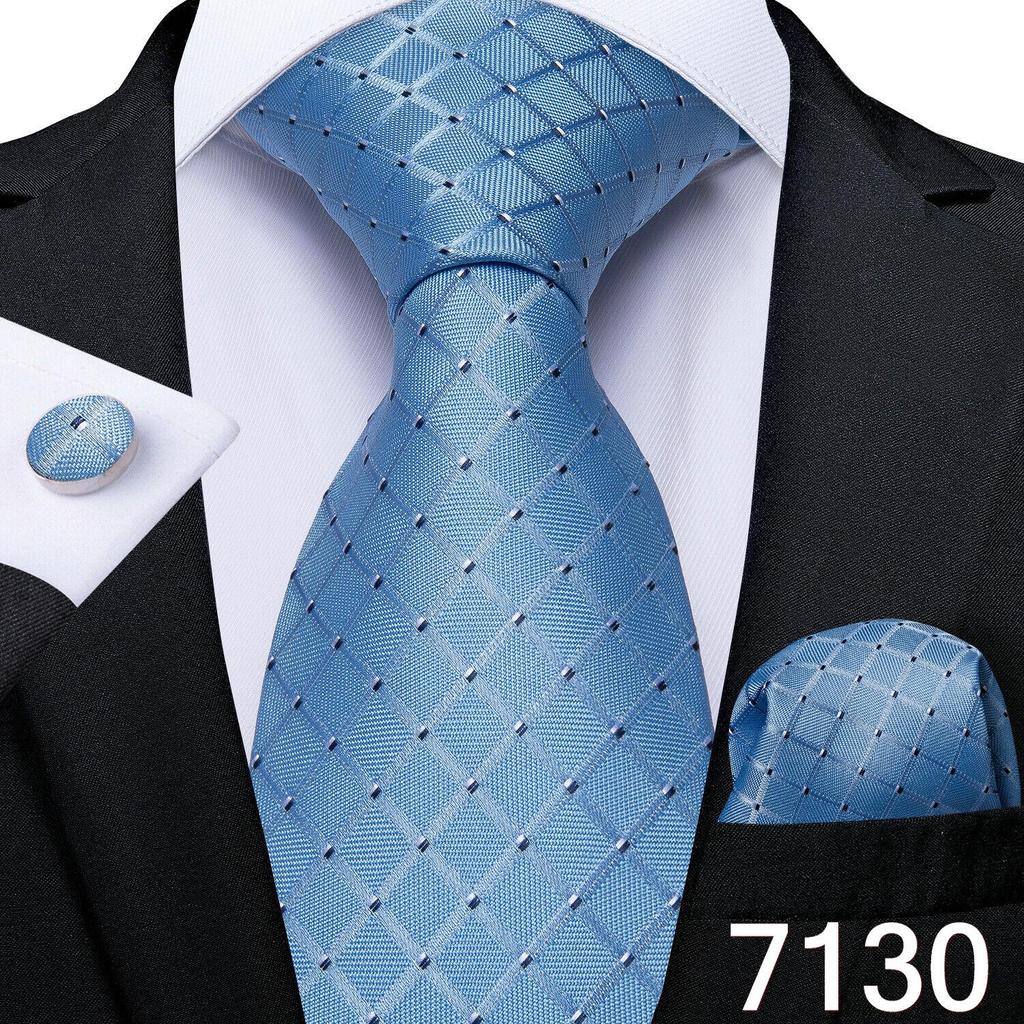 Мужской шелковый галстук в клетку, полосатый однотонный синий галстук, носовой платок, набор запонок, свадебный комплект