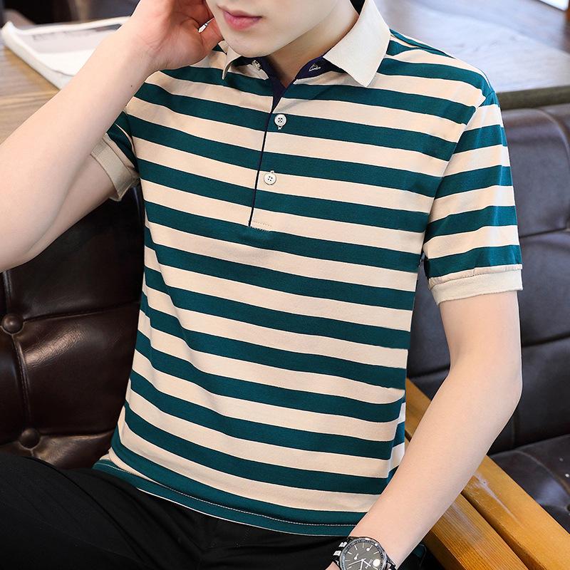Summer New Men's Short-sleeved T-shirt Striped Pure Cotton Thin Business Lapel Men's Polo Shirt Men's Style