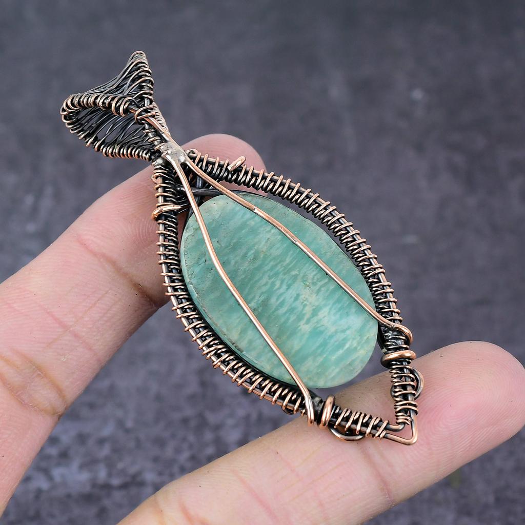 Натуральный Амазонит Камень Ручной Работы Медная Проволока Обмотка Подвеска Ювелирное Изделие 2.95" q8U81