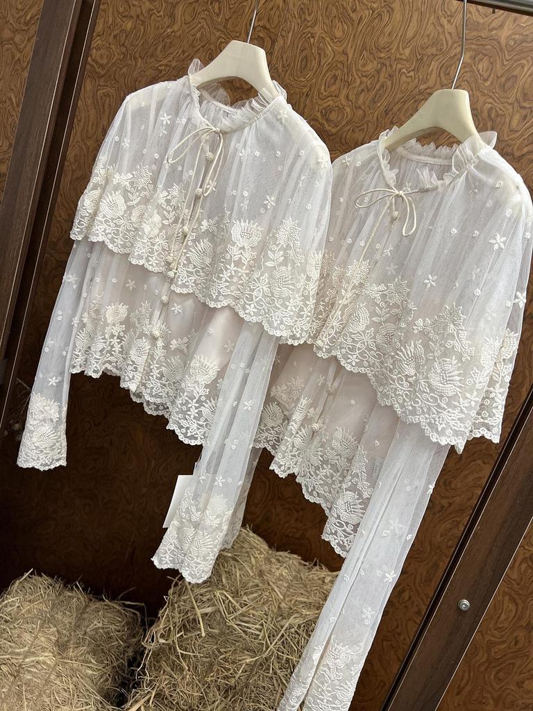 SE Дизайнерская кружевная рубашка Весна 26: Двухслойный, прозрачный, с цветочной вышивкой, кардиган-накидка