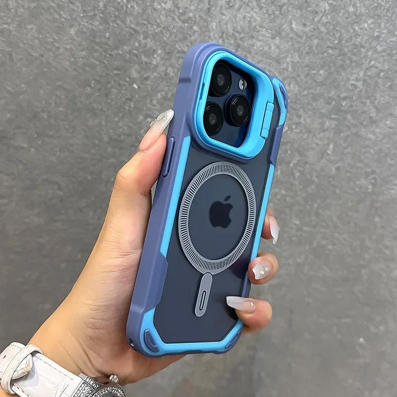 Защитный чехол Armor Fold с подставкой и защитой линз, MagSafe для iPhone 16 13 12 14 15 Pro Max Plus, магнитная беспроводная зарядка, противоударный чехол