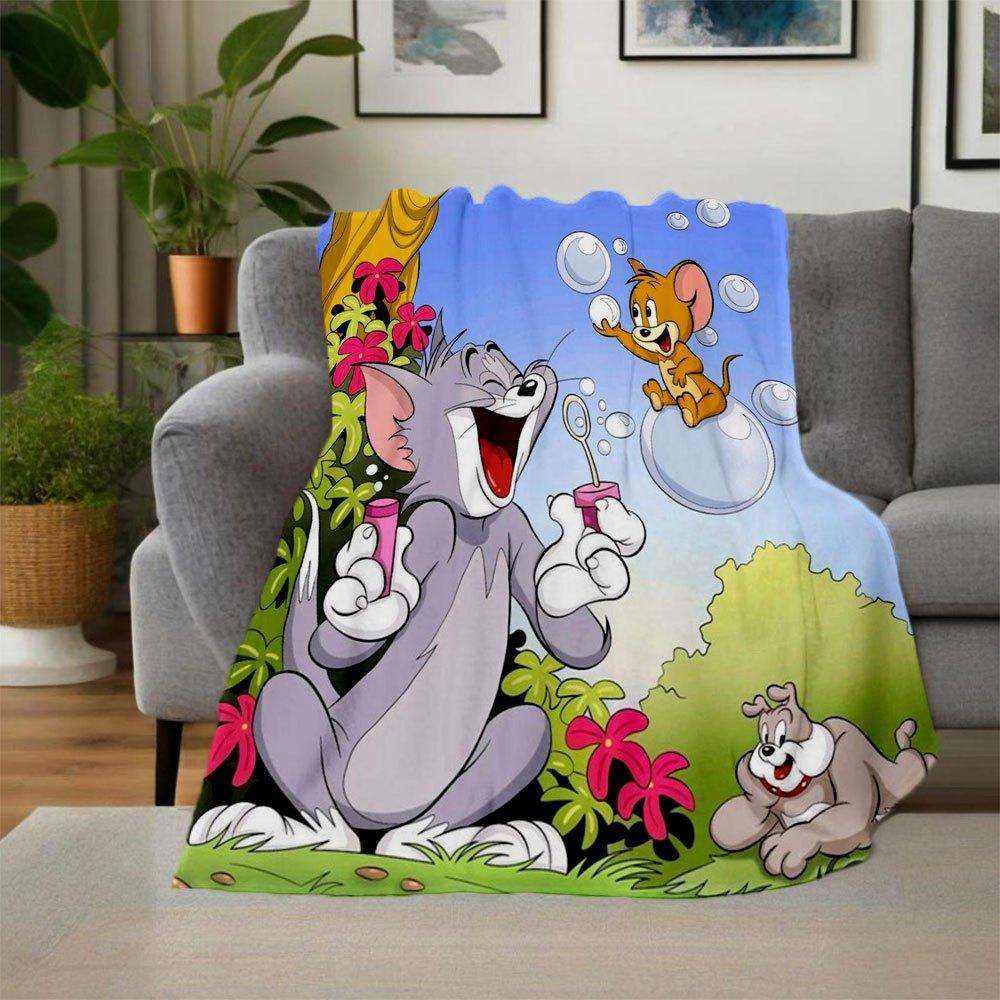 Tom Jerry Soap Bubble Cartoon Print Fabric by The YardBlanket Flannel Throw Blanket for Sofa, Bed, Travel, Camping, Office