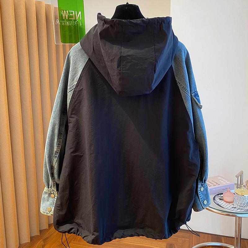 Большие толстовки для женщин, лоскутное деним, уличная одежда, топы 2000 года с капюшоном, контрастные цвета, винтажные толстовки