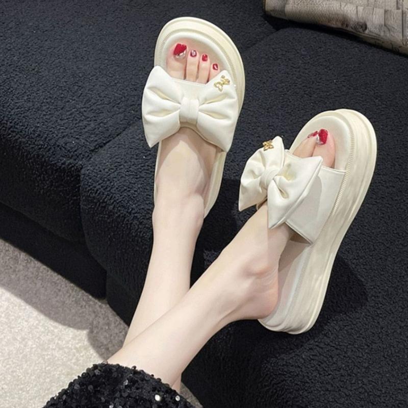 Модные, универсальные и стильные тапочки 2024 года, новая модель из мягкой кожи с толстой подошвой, универсальные, с бантом, для ношения на пляже и каждый день.