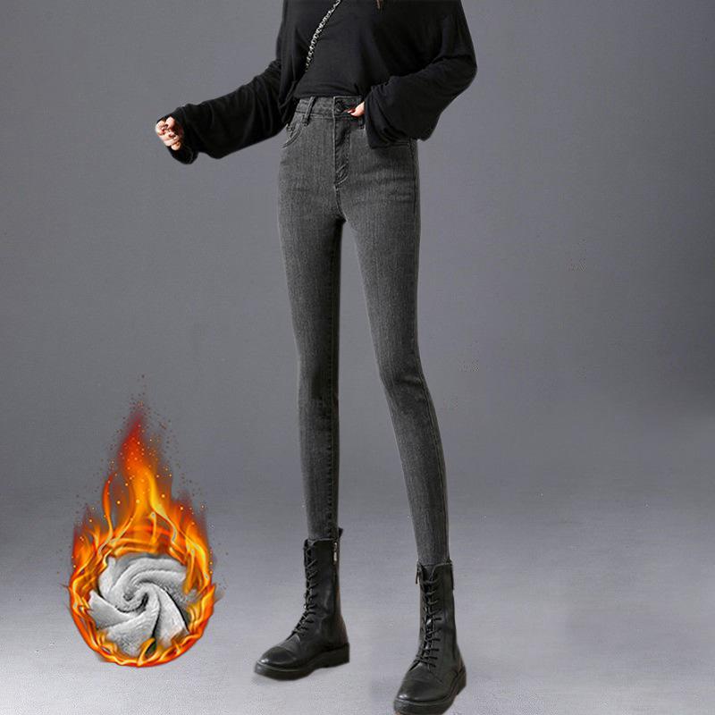 Женские флисовые джинсы с высокой талией: Узкие, плотные и универсальные брюки-карандаш для активного отдыха на зиму 2021 года