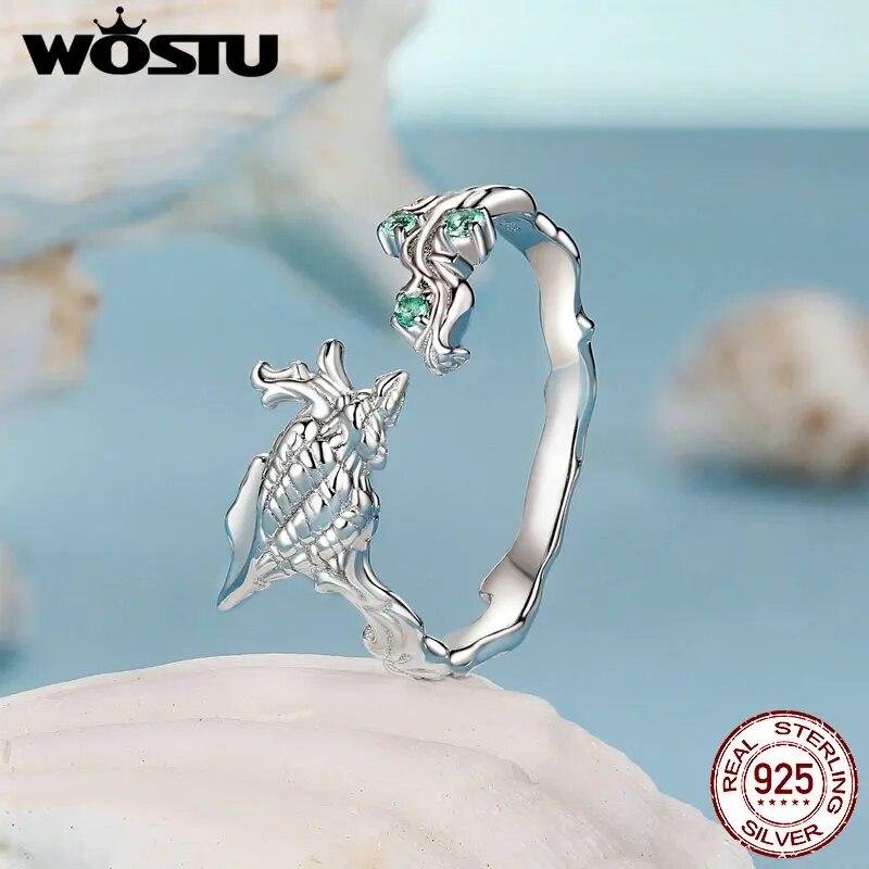WOSTU Real 925 Sterling Silver Seashell Open Ring For Women Shiny Green Zircon Ocean Party Rings Holiday Gift