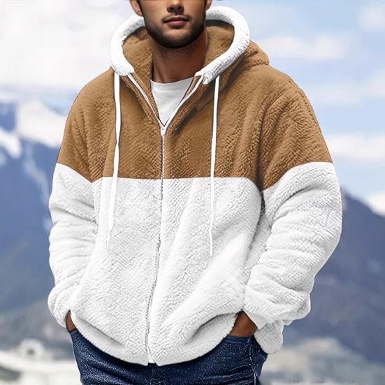 Men Hooded Fleece Jacket Adjustable Drawstring Long Sleeve Zipper Closure Coat Autumn Winter Warm Outerwear