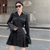 Black Shirt Dress Women Elegant Vintage Long Sleeve Dresses Sexy Gothic Pleated Streetwear Turn-down Collar Casual Robe