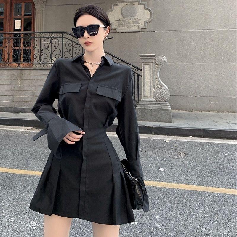 Black Shirt Dress Women Elegant Vintage Long Sleeve Dresses Sexy Gothic Pleated Streetwear Turn-down Collar Casual Robe