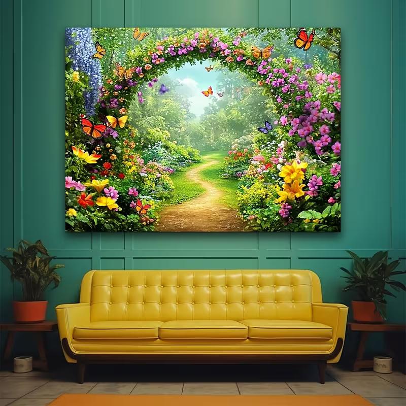 2D Flower Arch Backdrop, Enchanted Garden with Butterflies Photography Background for All Occasions