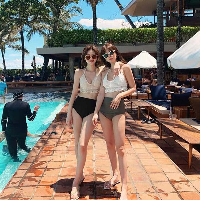 Korean ins style swimsuit female split bikini sexy small breasts gather high waist to cover belly and look thin knitted swimsuit