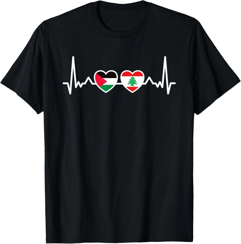 Lebanon Palestine Flag Lebanese Palestinian Unity Heartbeat T-Shirt