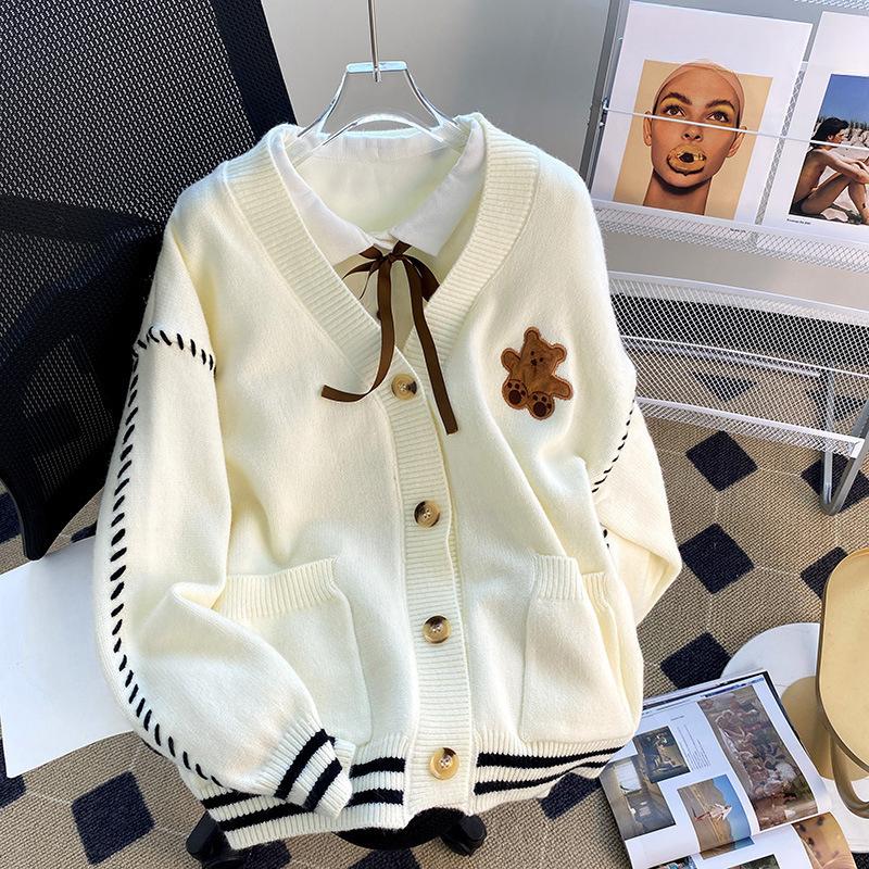 Women's Teddy Bear Pattern Long Sleeved Cardigan Loose Korean Style Knitted Sweater for Female Autumn Buttoned Tops