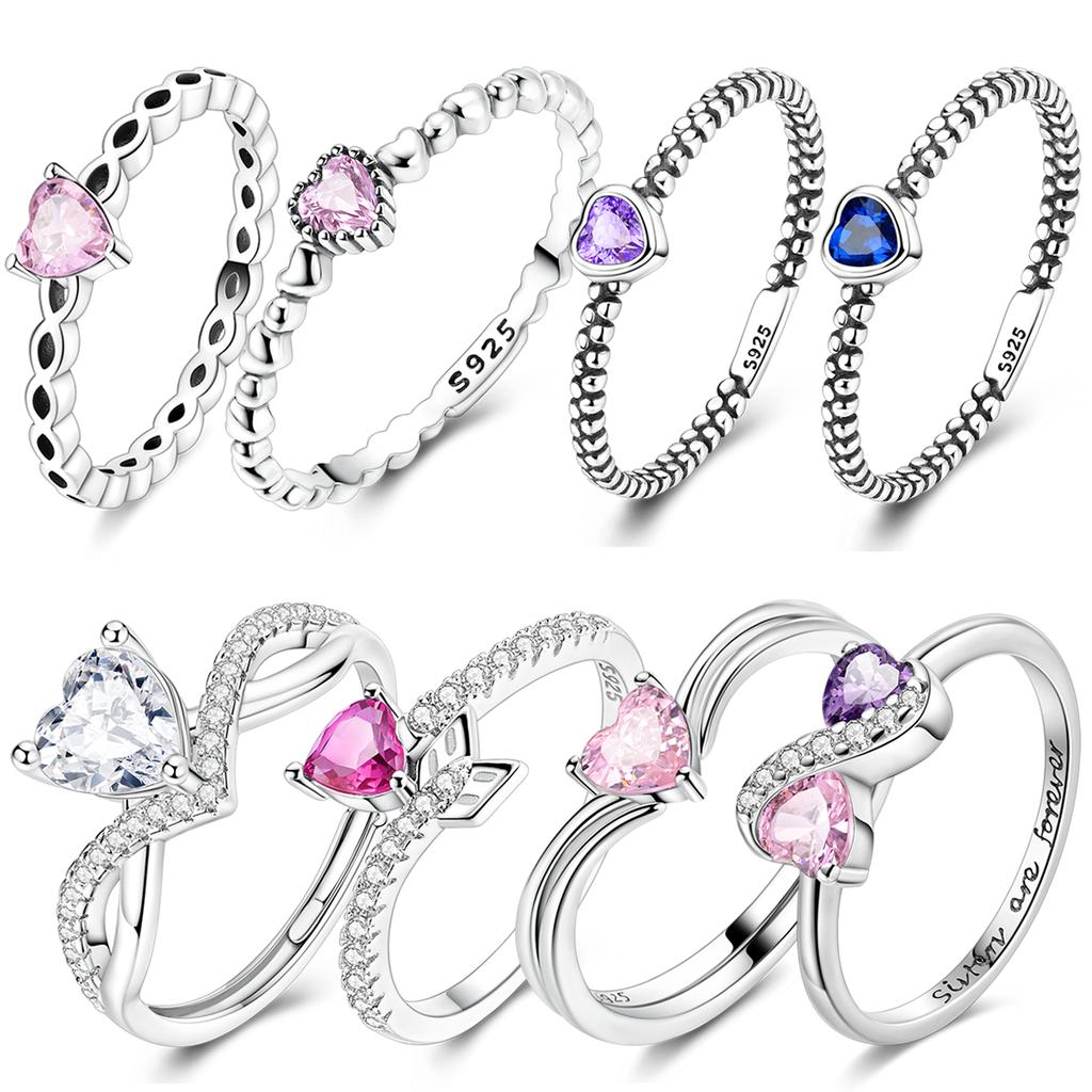 925 Sterling Silver Rings Sparking Purple White Pink Blue Zircon LOVE Wedding Ring Women Engagement Jewelry Anniversary Gifts