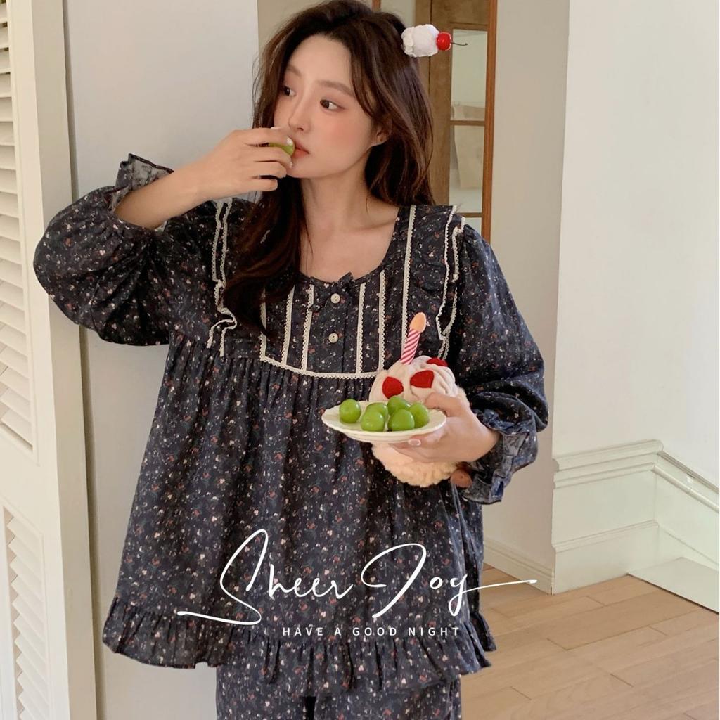Autumn new product pure cotton Korean version comfortable square collar south French holiday series long sleeve trousers homewear women's rue