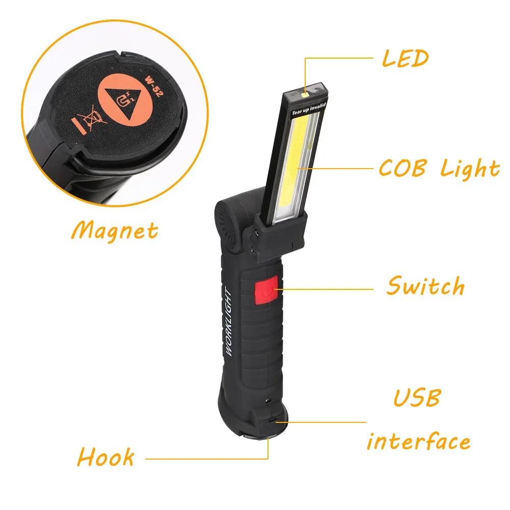 Новый портативный светодиодный фонарик COB, перезаряжаемый через USB рабочий фонарь, магнитный подвесной фонарь Lanterna со встроенной батареей, фонарик для кемпинга