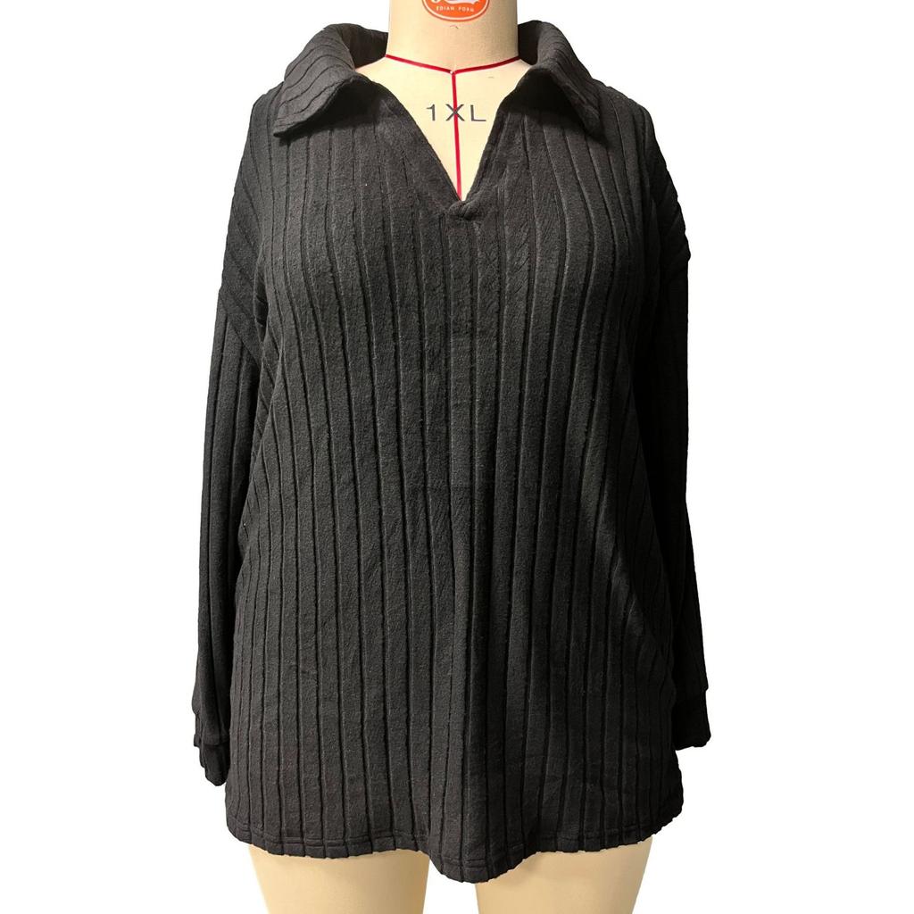 GMXIA Футболка большого размера с V-образным лацканом и длинным рукавом, однотонная, свободного покроя, с узором в полоску, осень-зима