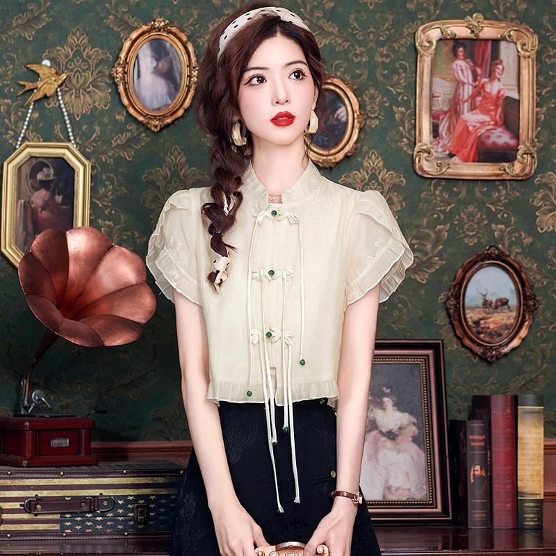 Модная новинка, летняя шифоновая блузка в китайском стиле с коротким рукавом и воротником-стойкой, с вышивкой, женская рубашка J388