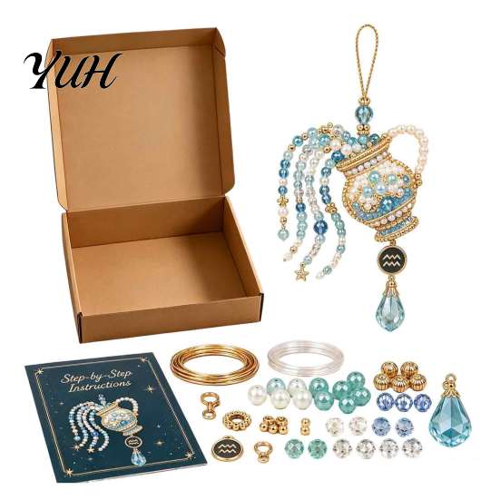 DIY Keyring Decoration Materials 12 Zodiac Beaded Ornament Kit, Constellation Pendant Making Craft Set Creative Art Project for Students Keychain Bag