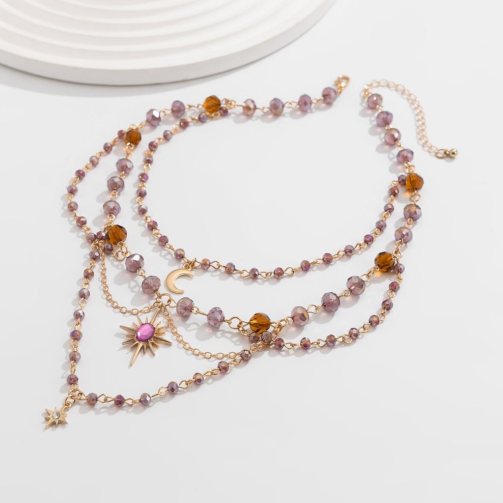 Bohemia Multilayer Imitation Crystal Acrylic Beads Necklace for Women Moon Pendant Jewelry Accessories Gift