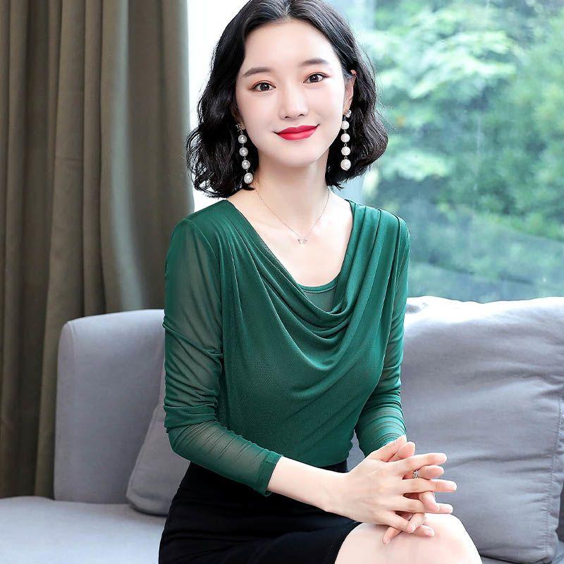 Осенняя элегантная блузка для похудения, женская сетчатая рубашка с длинным рукавом, модная облегающая футболка с драпировкой и воротником, базовая рубашка