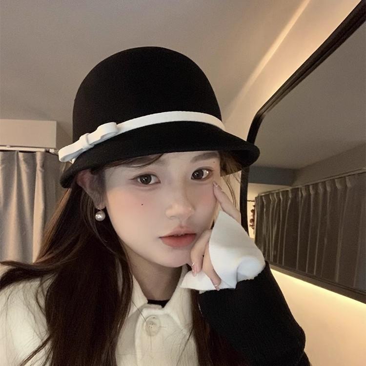 Hepburn wool bucket hat women's autumn and winter French retro small fragrant celebrity top hat versatile bow basin hat