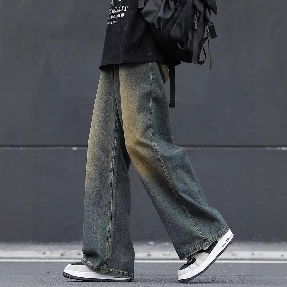 Весенне-осенние мужские свободные прямые джинсы, плотная песочная стирка, ретро, повседневные джинсы, брюки для мужчин