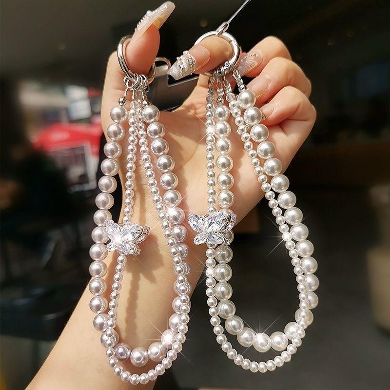 Pearl Phone Chain Fashion Wrist Crystal Pendant Jewelry Exquisite Handmade Beaded Double Chain Short Anti-Lost Handheld Chain