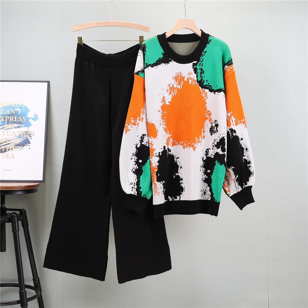 Autumn and Winter Women's Knitted Suit Simple Retro Fashion Long-sleeved Sweater Wide-legged Pants Loose Casual Two-piece Set