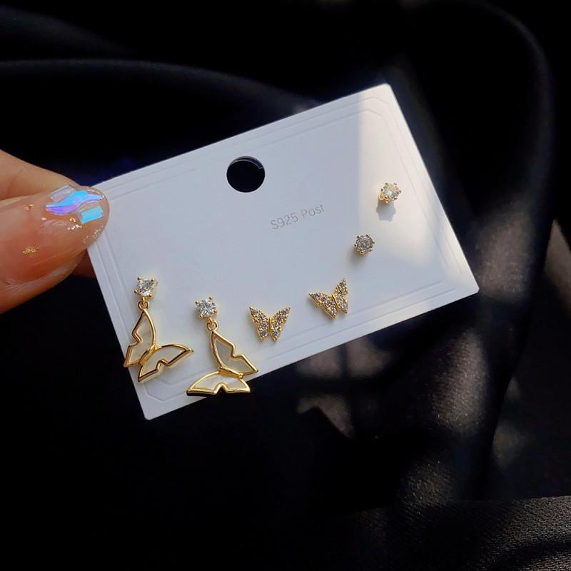Minimalist Stud Earrings Set 3 Pairs Gold Tone CZ Geometric Floral Design Women Daily Wear
